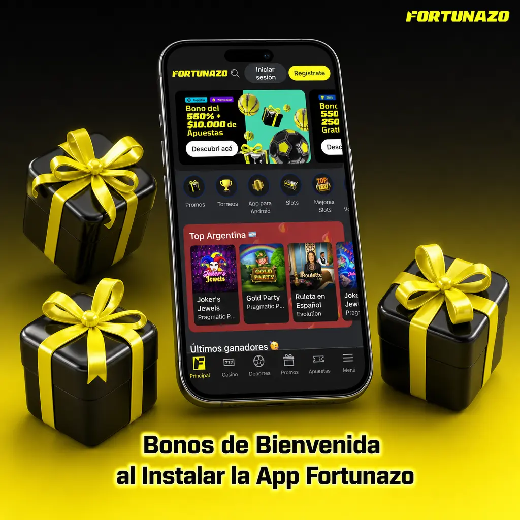 Bonos de bienvenida de Fortunazo al instalar la app: casino, deportes y casino en vivo con giros gratis y apuestas extra.