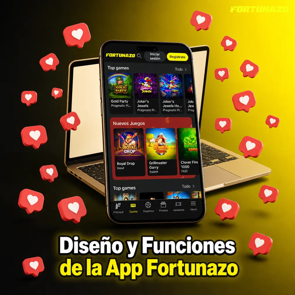 Diseño de la app Fortunazo: interfaz negra y amarillo flúo, menú inferior, apuestas en vivo y casino accesibles desde el celular.