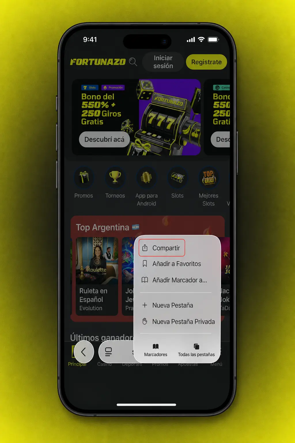 Captura de pantalla de Fortunazo App PWA para iPhone y iPad, mostrando el registro y acceso a casino y apuestas deportivas.