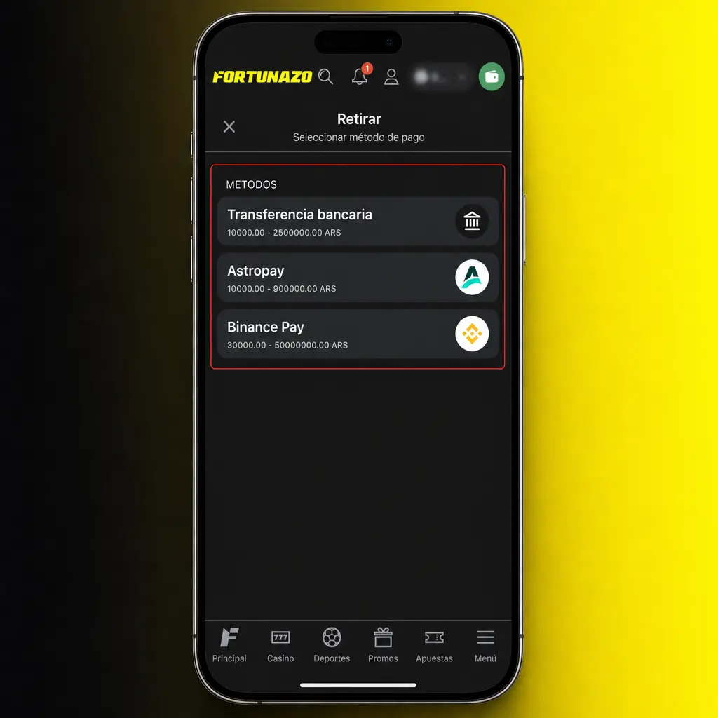 Pasos para retirar fondos en la app Fortunazo: elegí la vía, ingresá el monto y verificá tus datos personales.
