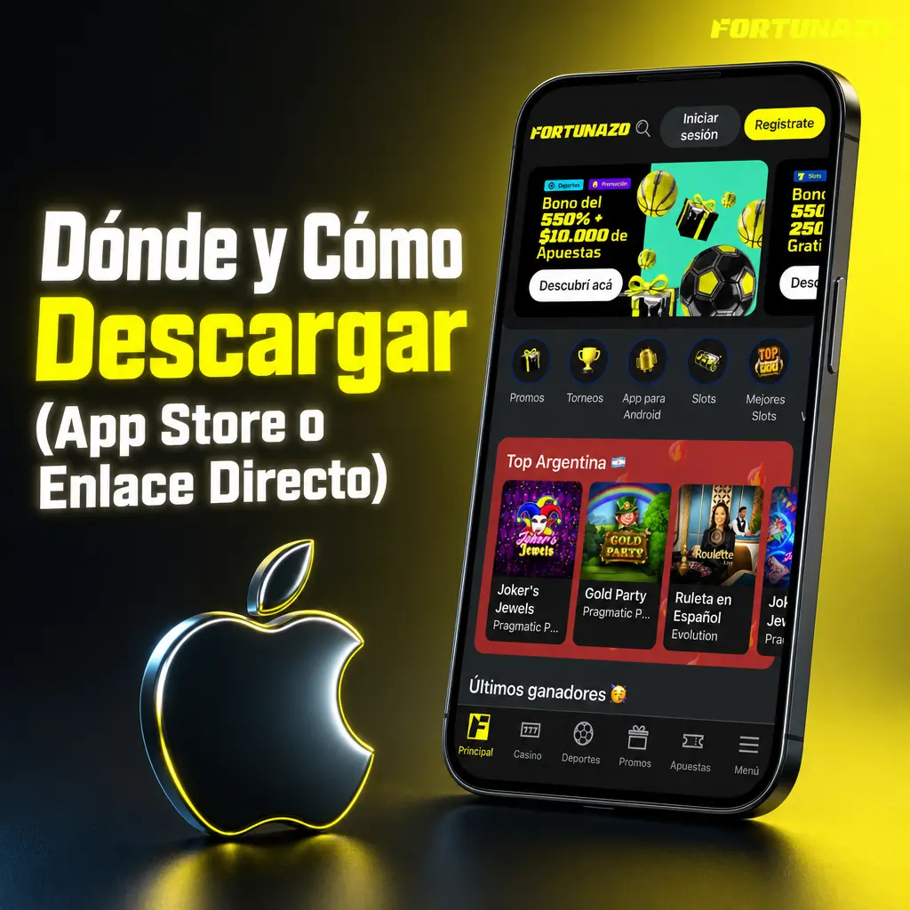 Cómo descargar la app Fortunazo en iOS desde App Store o mediante enlace directo y acceso desde pantalla de inicio.