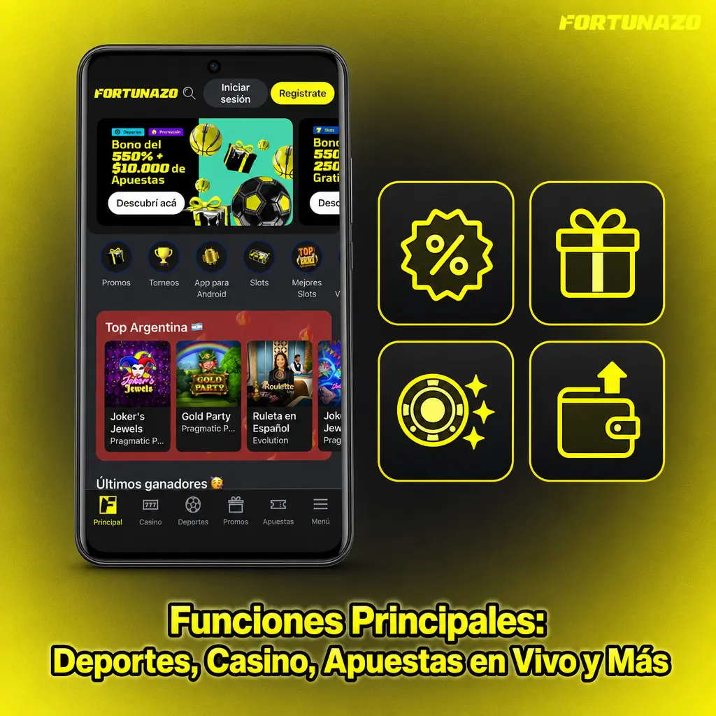 App Fortunazo: apuestas deportivas en vivo, casino con tragamonedas, crupier en vivo y soporte por chat instantáneo.