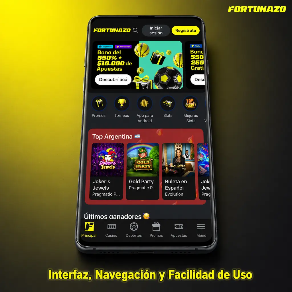 Menú inferior de la app con accesos a Deportes, Casino, Promociones, Caja y Perfil, y cupón de apuestas visible.