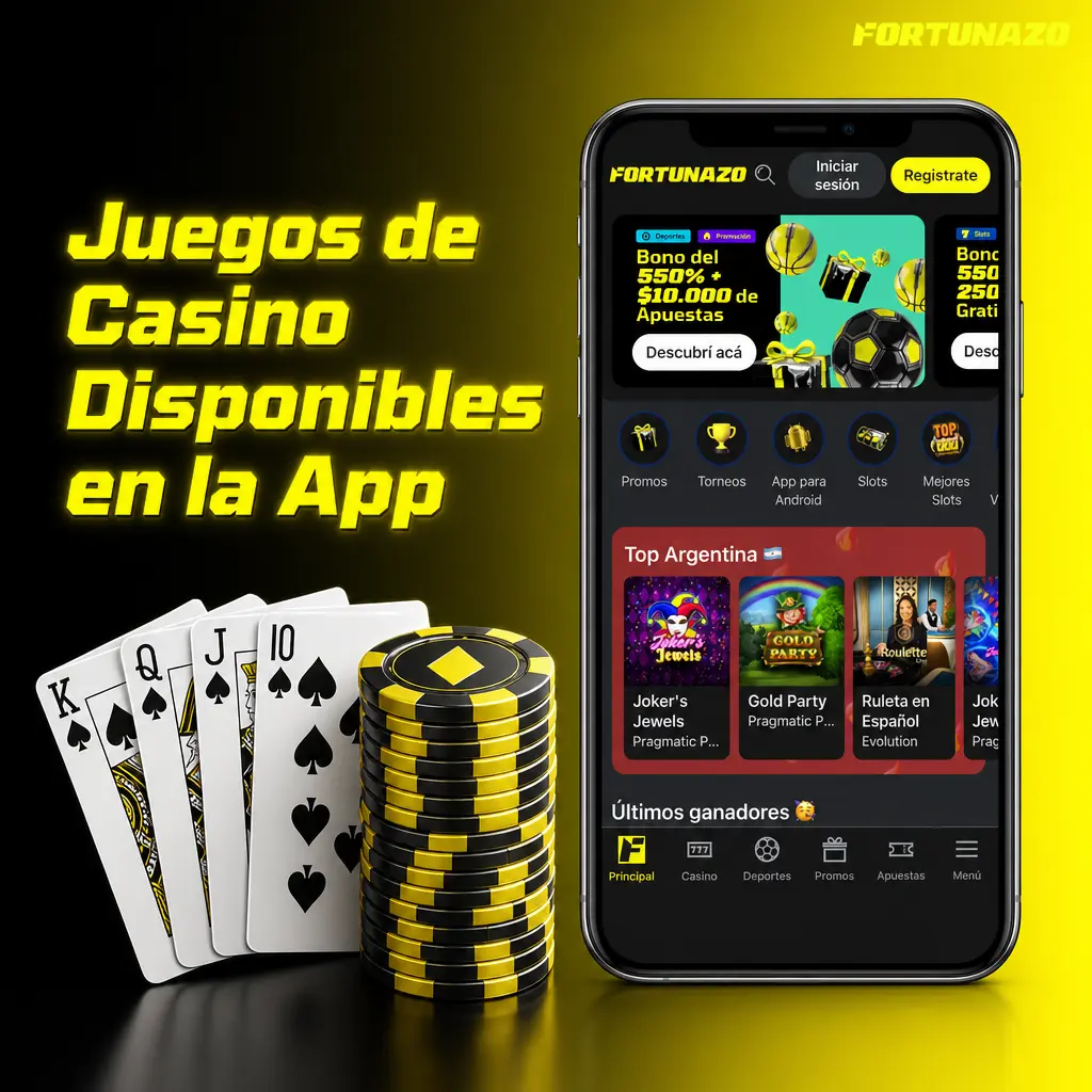 Catálogo de juegos de casino en la app de Fortunazo: tragamonedas, ruletas y mesas de cartas de Pragmatic Play, PG Soft y más.