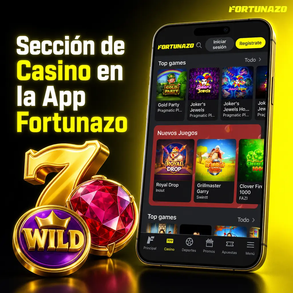Sección de casino en la app Fortunazo con tragamonedas, juegos crash, mesas en vivo y jackpots